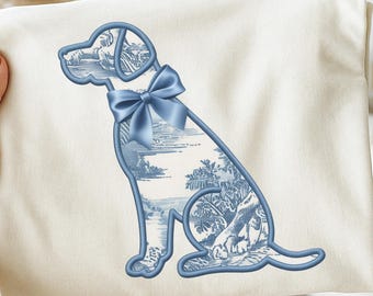 Embroidered Toile Dog PNG | Digital Faux Embroidery Toile de Jouy Aesthetics | Blue Toile Preppy Chinoiserie  Dog Clipart