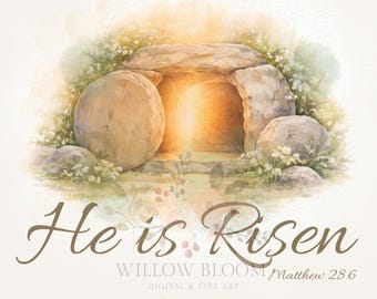 He is Risen PNG | Christian Watercolor Easter PNG | Christian Scripture Art | Empty Tomb PNG