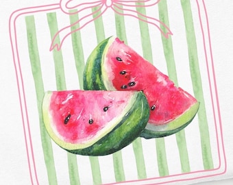 Coquette Watermelon PNG | Preppy Summer Fruit Clipart | Retro Watercolor Bow PNG | Cute Summer Shirt Design | Girly Farmers Market PNG