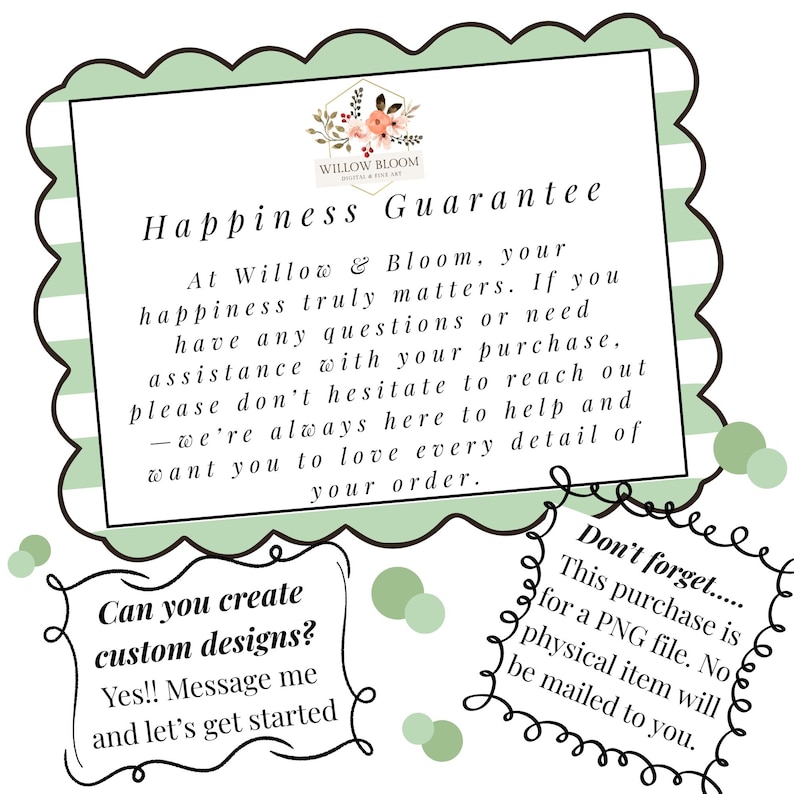 Pode incluir: Um gr&aacute;fico digital com uma borda verde e branca cont&eacute;m o texto "Garantia de Felicidade" e "Voc&ecirc; pode criar designs personalizados?" O gr&aacute;fico tamb&eacute;m afirma que a compra &eacute; para um arquivo PNG e nenhum item f&iacute;sico ser&aacute; enviado.