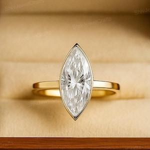 1.5 CT East West Marquise Moissanite Solitaire Engagement Ring in Solid Gold With Unique Bezel Setting or Simple Anniversary Gift for her