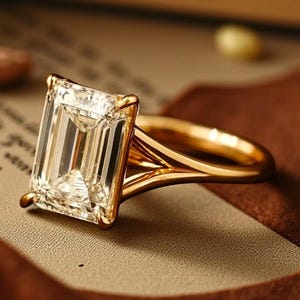 Könnte beinhalten: Ein goldener Ring mit einem großen, rechteckigen, klaren Edelstein. Der Ring liegt auf einer braunen Oberfläche mit einem Band und einem Buch im Hintergrund. Der Ringsteg teilt sich auf beiden Seiten des Edelsteins in zwei zarte Stränge auf.