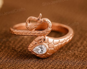 Unique Snake Ring Women, Yellow Gold Snake Ring, Diamond Snake Head Ring, Solid Gold Animal Ring , Gothic Boho Jewelry, Handmade Gift fo Her