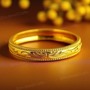 Vintage 14k yellow gold wedding band Unique Milgrain Carved ring Full eternity band Filigree Stacking ring Promise Anniversary gift for Her