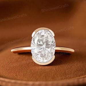 2 Ct Oval Lab Grown Diamond Ring, Half Bezel Set Diamond Engagement Ring, East West Diamond Ring, Oval Solitaire Ring Christmas Gift For Her