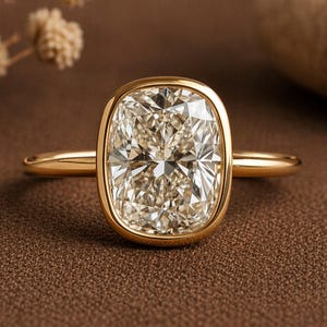 Elongated Cushion Cut Bezel Solitaire Moissanite Engagement Ring, Colorless Gemstone Stacking Ring, Delicate Fancy Ring, Yellow Gold Plated