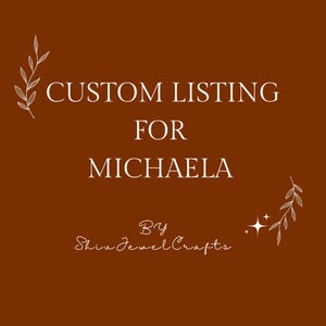 Könnte beinhalten: Eine dunkelbraune quadratische Grafik mit weißem Text, der CUSTOM LISTING FOR MICHAELA BY Shiv Jewel Crafts lautet. Das Design zeigt feine weiße Linienzeichnungen von Blattzweigen in den Ecken sowie einen kleinen vierzackigen Stern.
