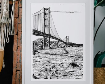 Impresión artística del puente Golden Gate, dibujo a pluma y tinta de San Francisco, arte de viajes monocromo, boceto arquitectónico, impresiones de arte mural en blanco y negro