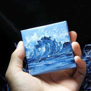 Original Mini Ocean Wave Painting | 7x7cm Acrylic Seascape Artwork | Hand-Painted Blue Sea Wall Decor | Small Coastal Art Gift