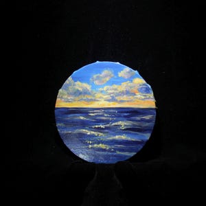 Sunset Ocean Round Acrylic Painting | 15cm Circular Seascape Wall Art | Original Hand-Painted Coastal Decor Gift