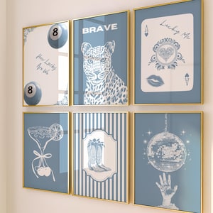 Light Blue Wall Art Print Set of 6, Trendy Posters, Preppy Digital Prints, Girly Dorm Room Decor, Printable Art, College Apartment Aesthetic