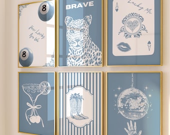 Light Blue Wall Art Print Set of 6, Trendy Posters, Preppy Digital Prints, Girly Dorm Room Decor, Printable Art, College Apartment Aesthetic