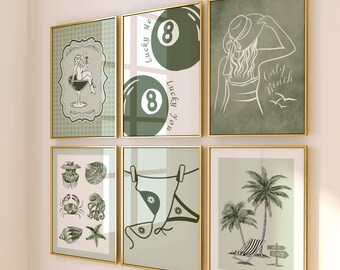 Juego de 6 láminas de playa en verde salvia, arte mural costero de estilo preppy, decoración moderna para dormitorio de chicas, apartamento universitario playero, descarga digital imprimible