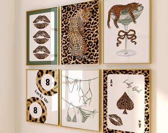 6 Retro Green Cheetah Wall Art, Leopard Poster, Clean Girl Room College Apartment Decor