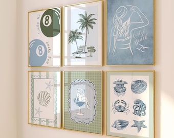 Juego de 6 láminas decorativas de pared con temática costera en azul claro y verde: Estampados veraniegos, modernos y femeninos con estilo playero.