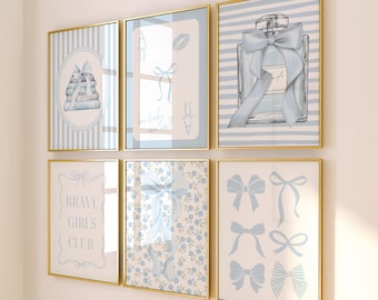 Trendy Light Blue Bow Watercolor Wall Art Set of 6 Preppy Pastel Floral Bow Art Poster Coastal Aesthetic Coquette Teen Girl Dorm Room Decor