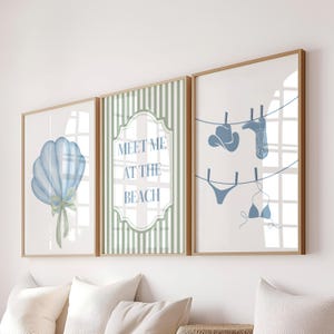 Sage Green Blue Coastal Wall Art Set Of 3 Bikini Print Beachy Decor Meet Me At The Beach Print Preppy Trendy Poster Summer Apartment Prints