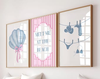 Girly Coastal Wall Art Set: Pink & Blue Beachy Prints (Digital Download)