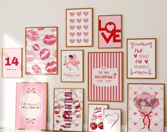 Valentines Wall Art Set of 12: Romantic Pink & Red Coquette Prints Love Quote Posters