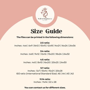 May include: A pink and white graphic with the text "Size Guide" and a logo for Wall Art Kingdom Co. The guide lists print sizes in inches for various ratios, including 2:3, 3:4, 4:5, 5:7, and 11:14, as well as ISO sizes.