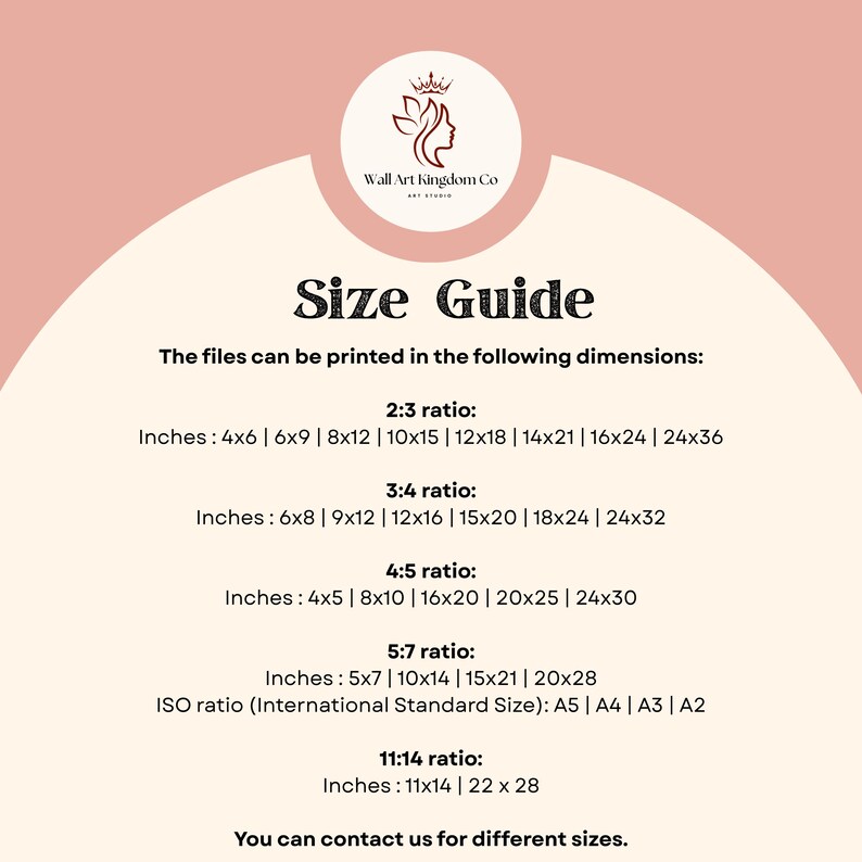 May include: A pink and white graphic with the text "Size Guide" and a logo for Wall Art Kingdom Co. The guide lists print sizes in inches for various ratios, including 2:3, 3:4, 4:5, 5:7, and 11:14, as well as ISO sizes.