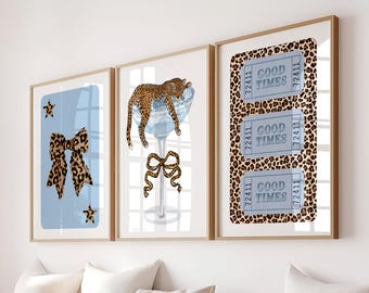 Light Blue Retro Cheetah Poster, Y2K Fashion Bar Cart Prints, Maximalist Girly Dorm Decor