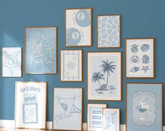 Light Blue Beach Prints Set of 12 Preppy Coastal Wall Art, Trendy Girly Dorm Room Decor, Beachy College Apartment Printable Digital Download