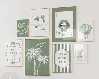 Conjunto digital de 8 láminas de arte mural costero verde salvia para nieta, estilo galería, decoración vintage de cabaña costera, estilo casa de playa de la vieja aristocracia.