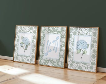 Set di 3 stampe da parete con ortensie verdi e blu, stile costiero, per la nipote, in stile cottagecore vintage e millenario.
