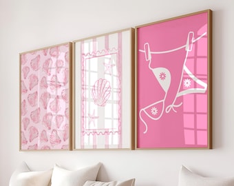 Trendy Pastel Pink Coastal Wall Art: Preppy Bikini Seashell Summer Modern Southern Beach Decor