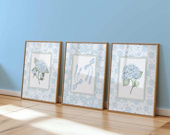 Blue Green Hydrangea Prints, Vintage Floral Poster, Country Cottagecore Wall Art, Preppy Coquette Decor