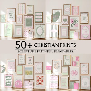 May include: A collection of over 50 Christian wall art prints featuring various religious scriptures, floral patterns, and geometric designs in a soft color palette of pink, green, and white, displayed in multiple framed arrangements.