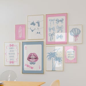 Coastal Beach Wall Art Set: Pink & Blue Seascape Prints (Digital Download Set of 8 )