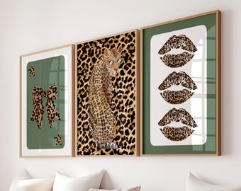 Trendy Green Retro Leopard Bow Kiss Lips Wall Art Set: Y2K Fashion Dorm Decor