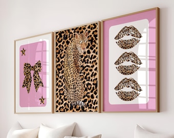 Pink Leopard Cheetah Print Set of 3: Coquette Dorm Room Decor Maximalist Wall Art