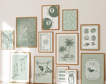 Juego de 12 láminas decorativas verdes para pared: Decoración náutica tropical veraniega en tonos pastel.