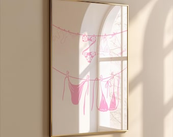 Pink Hanging Bikini Wall Art, Teen Girl Dorm Decor, Summer Bathing Suit Print (Digital Download)