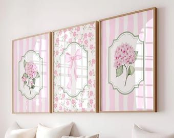 Trendy Pink Green Hydrangea Prints Set, Watercolor Grandmillennial Botanical Chinoiserie Wall Art, Coastal Granddaughter