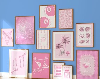 Coastal Beach Gallery Wall Set of 12, Pink Coastal Prints, Beach House Wall Art, Summer Beach Decor, Preppy Coastal Poster DIGITAL Bundle