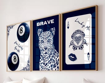 Navy Leopard Ace Card Gallery Wall Art Set: Preppy Dorm Decor (Digital Download)