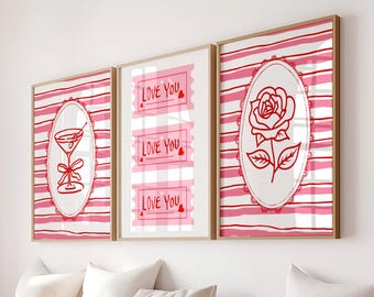 Valentines Day Wall Art Set of 3 Coquette Romantic Love Quote Posters Retro Galentine Prints Pink & Red Home Office Decor Digital Download