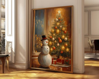 Vintage Snowman Christmas Tree Print: Retro Festive Holiday Winter Wall Art Poster, Digital Download