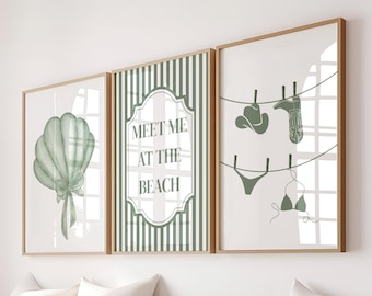 Trendy Coastal Prints Set Of 3, Meet Me At The Beach, Bikini Wall Art, Coastal Aesthetic, Beachy Prints, Seashell Print, PRINTABLE WALL ART