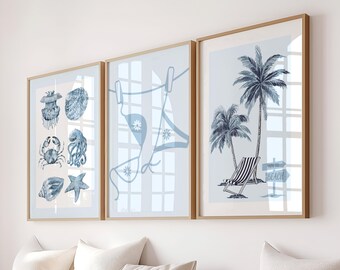 Trendy Light Blue Coastal Cowgirl Wall Art Prints: Y2k Beachy Preppy Girls Room Decor