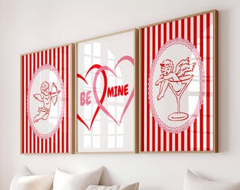 Valentines Day Wall Art Set of 3 Romantic Cupid Love Quote Posters Retro Galentine Prints Pink & Red Home Office Decor Digital Download