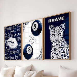 Navy Retro Wall Art Set: 8 Ball, Leopard, Lips Kiss (Digital Prints)