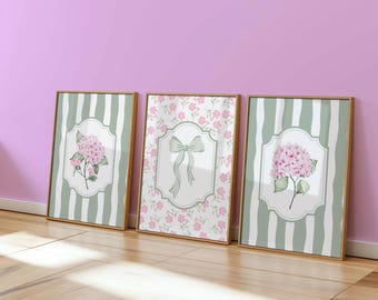 Green Striped Hydrangea Wall Art, French Country Floral Prints, Vintage Nancy Meyers Grandmillenial Decor