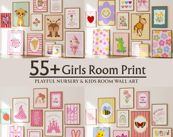 May include: A collection of framed wall art prints for a girl's room. The prints feature various illustrations, including animals, flowers, and inspirational quotes. The color palette includes pink, yellow, and blue. Text on the image reads "55+ Girls Room Print" and "Playful Nursery & Kids Room Wall Art."