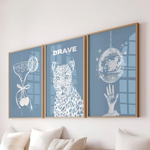 Blue Leopard Disco Ball Wall Art Set of 3 Aesthetic Dorm Wall Decor Trendy Teen Girly Wall Prints Aesthetic Digital Download Cheetah Poster