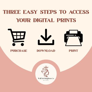 May include: An image with the text "THREE EASY STEPS TO ACCESS YOUR DIGITAL PRINTS". The steps are represented by a shopping cart, a downward arrow, and a printer, with the words "PURCHASE", "DOWNLOAD", and "PRINT" below each icon. A logo is at the bottom.